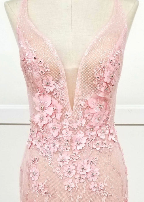 Chicas HF3058 Romantic Printed Prom Blush Illusion Floral Mesh Dress