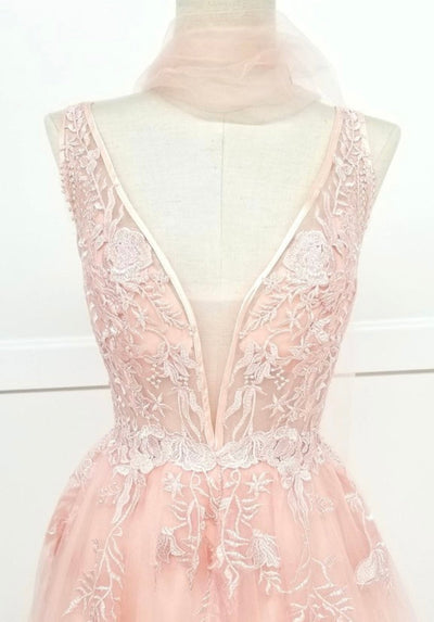 Chicas YG5023 Elegant Printed Prom Blush A-Line Illusion Tulle Dress