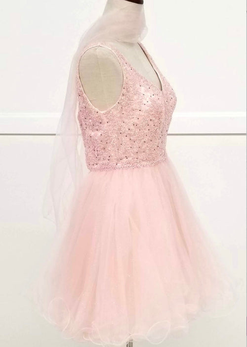 Chicas J005 Gold A-Line Short Beaded Sequin Strappy Tulle Dress