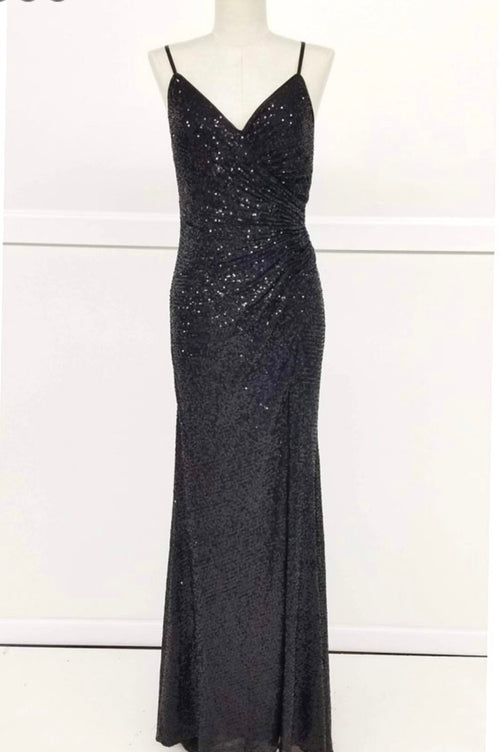Chicas C2402 Evening Black Spaghetti-Strap Floor-Length Fabric Dress