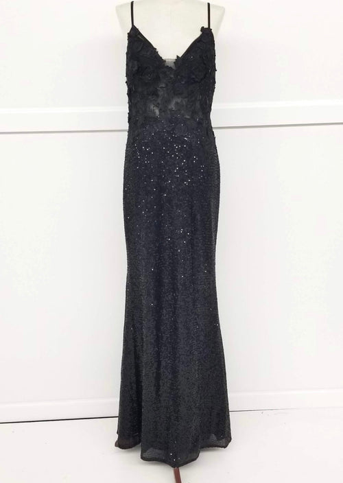 Chicas C803 Elegant Printed Evening Black Spaghetti-Strap Floral Fabric Dress