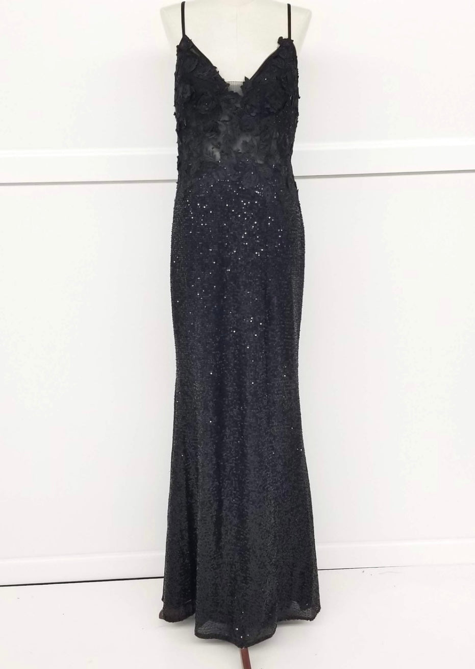 Chicas C803 Elegant Printed Evening Black Spaghetti-Strap Floral Fabric Dress