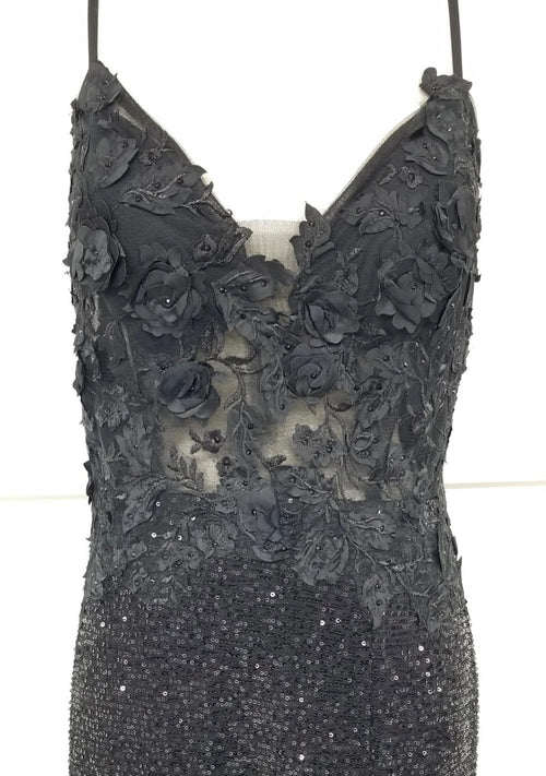 Chicas C803 Elegant Printed Evening Black Spaghetti-Strap Floral Fabric Dress