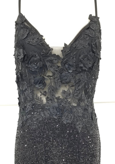 Chicas C803 Elegant Printed Evening Black Spaghetti-Strap Floral Fabric Dress