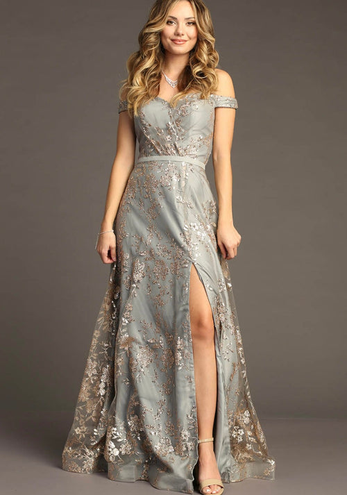 Chicas C6533 Elegant Printed Glitter Evening A-Line Floral Satin Dress
