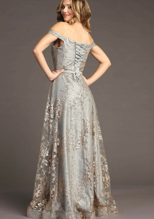 Chicas C6533 Elegant Printed Glitter Evening A-Line Floral Satin Dress