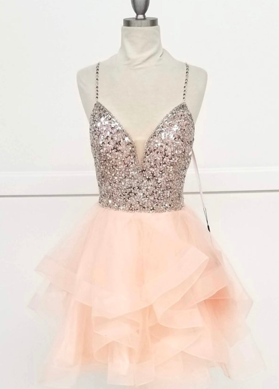 Chicas C313 Royal Spaghetti-Strap Short Beaded Sequin Strappy Tulle Dress