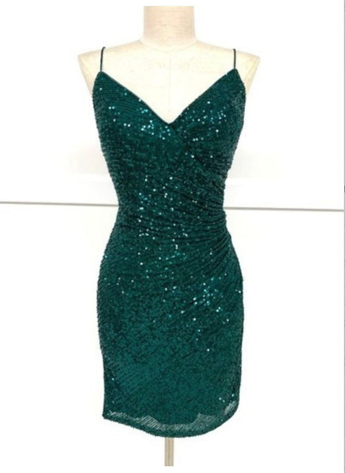 Chicas C801 Modern Black Bodycon Spaghetti-Strap Mini Sequin Fabric Dress