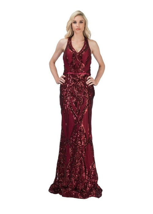 Chicas DM4010 Evening Burgundy Halter Floor-Length Fabric Dress