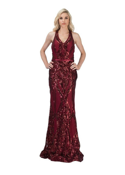 Chicas DM4010 Evening Burgundy Halter Floor-Length Fabric Dress