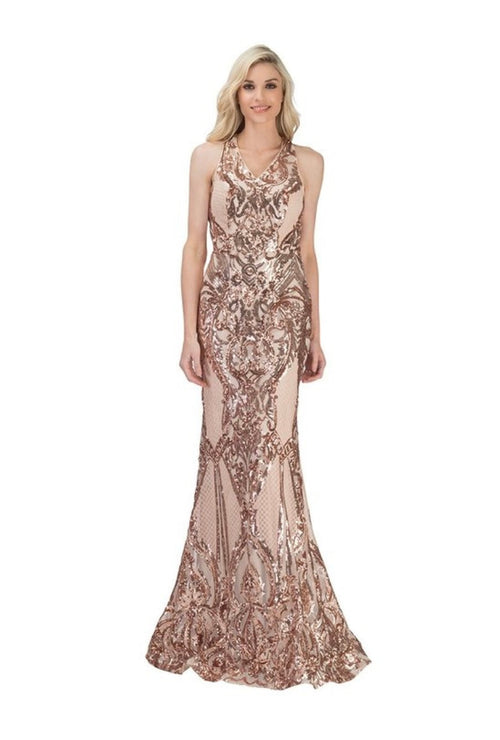 Chicas DM4010 Evening Burgundy Halter Floor-Length Fabric Dress