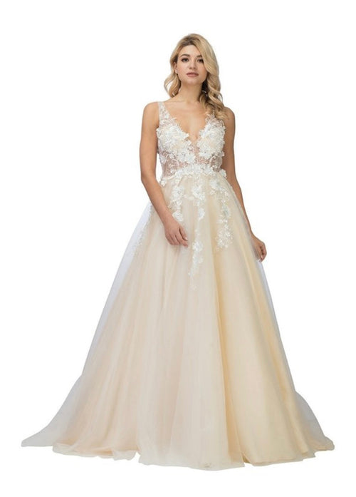 Chicas AN1102 Elegant Printed Formal Ivory A-Line Illusion Tulle Dress