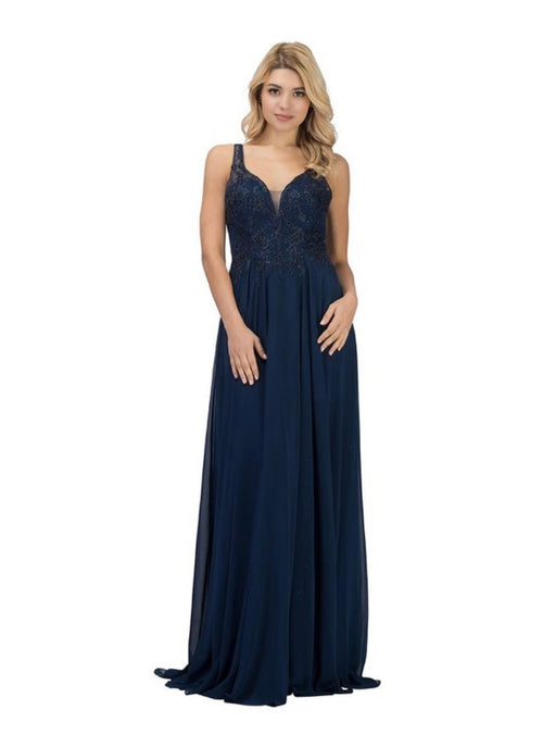 Chicas YG5017 Evening Navy A-Line Long Beaded Chiffon Dress