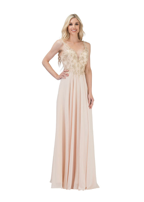 Chicas YG5017 Evening Navy A-Line Long Beaded Chiffon Dress