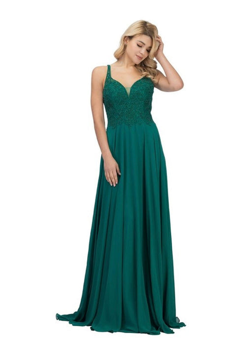 Chicas YG5019 Elegant Evening A-Line Illusion Floor-Length Beaded Chiffon Dress