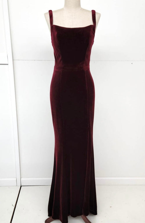 Chicas C7536 Elegant Evening Burgundy Floor-Length High-Slit Strappy Velvet Dress