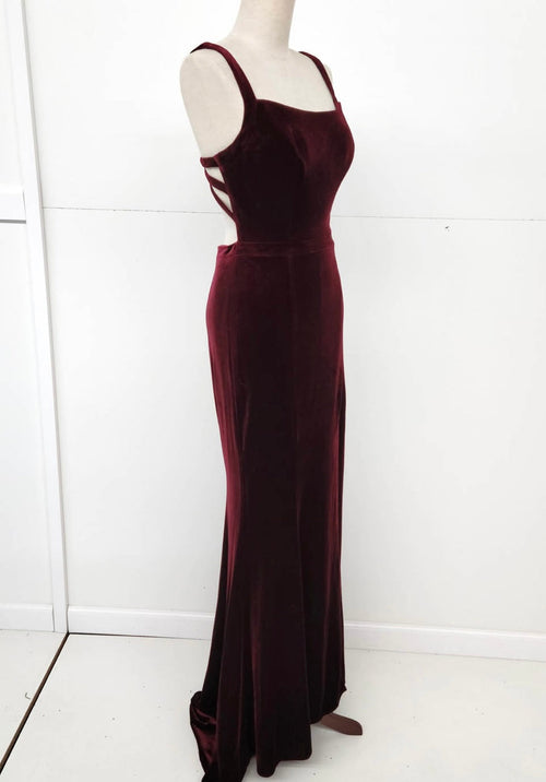 Chicas C7536 Elegant Evening Burgundy Floor-Length High-Slit Strappy Velvet Dress