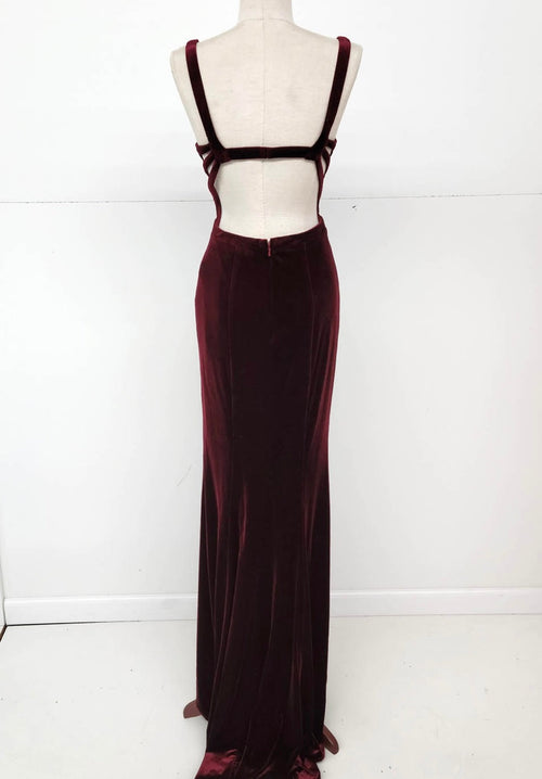 Chicas C7536 Elegant Evening Burgundy Floor-Length High-Slit Strappy Velvet Dress