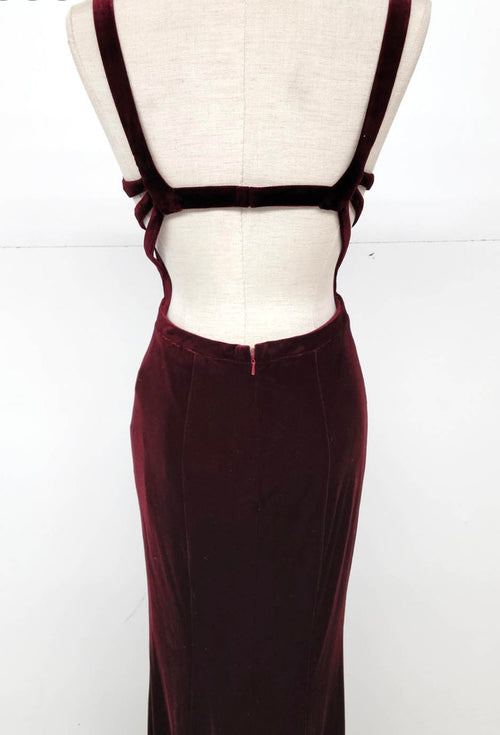 Chicas C7536 Elegant Evening Burgundy Floor-Length High-Slit Strappy Velvet Dress