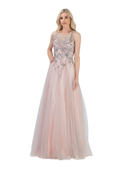 Chicas C745 Printed Evening Blush A-Line Illusion Floral Tulle Dress