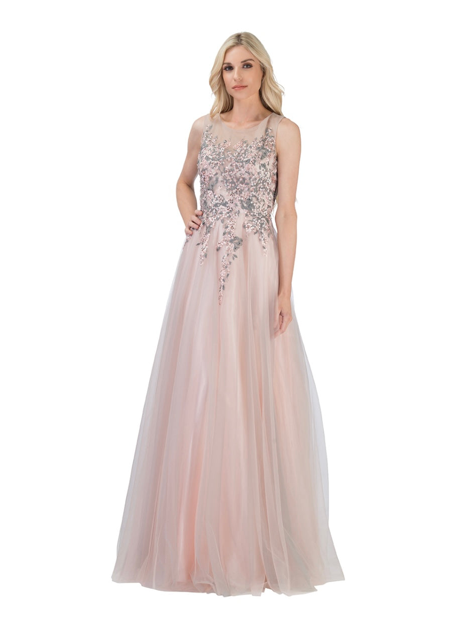Chicas C745 Printed Evening Blush A-Line Illusion Floral Tulle Dress