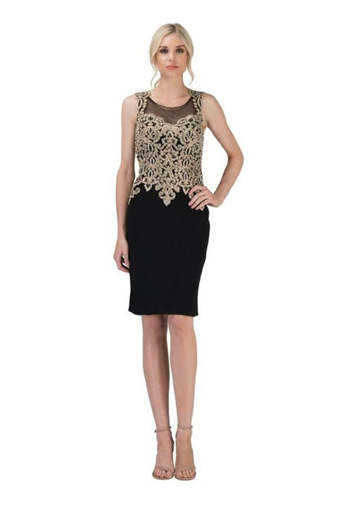 Chicas C7532 Cocktail Black Sheath Illusion Embroidered Fabric Dress