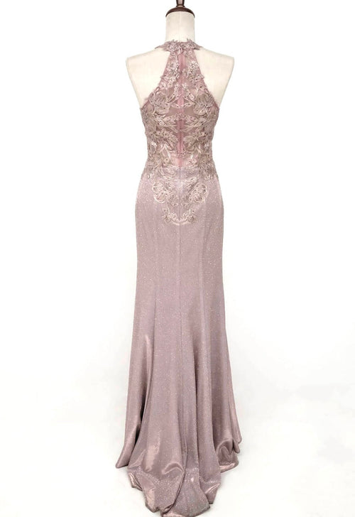 Chicas C7538 Printed Evening Blue Halter Floral Lace Dress