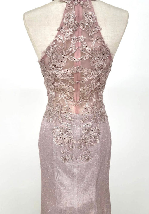 Chicas C7538 Printed Evening Blue Halter Floral Lace Dress