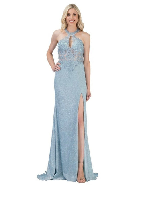 Chicas C7538 Printed Evening Blue Halter Floral Lace Dress