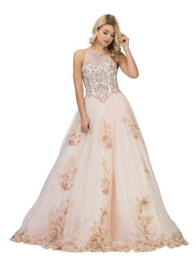 Chicas C7079 Romantic Printed Formal Blush BallDress Illusion Tulle Dress