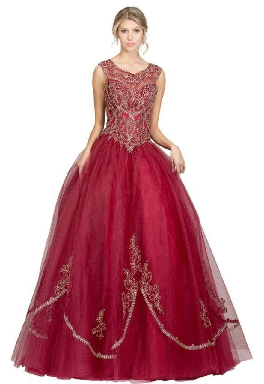 Chicas YM2001 Formal Wine BallDress Illusion Floor-Length Corset Tulle Dress