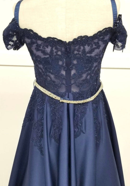 Chicas C7071 Elegant Formal Navy Floor-Length Beaded Embroidered Satin Dress