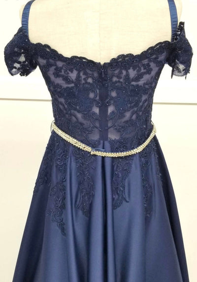 Chicas C7071 Elegant Formal Navy Floor-Length Beaded Embroidered Satin Dress