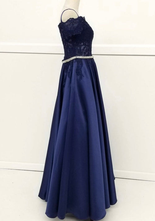 Chicas C7071 Elegant Formal Navy Floor-Length Beaded Embroidered Satin Dress