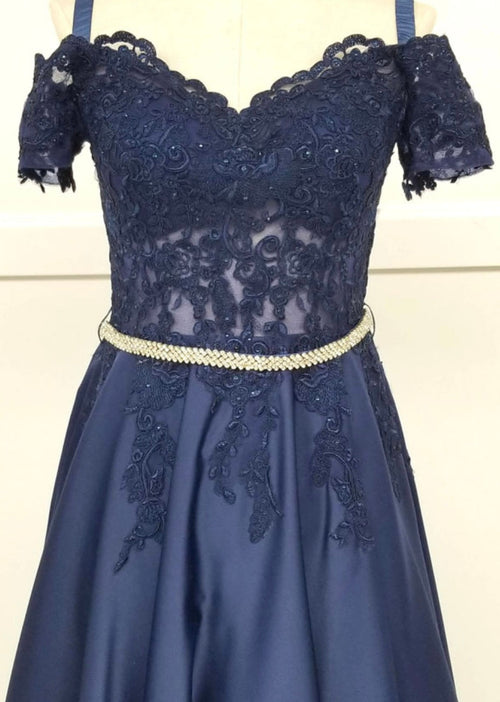 Chicas C7071 Elegant Formal Navy Floor-Length Beaded Embroidered Satin Dress