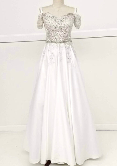 Chicas C7071 Elegant Formal Navy Floor-Length Beaded Embroidered Satin Dress