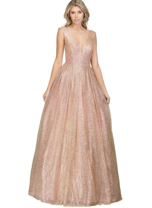 Chicas LM8024 Glam Prom Gold BallDress Floor-Length Shimmer Mesh Dress