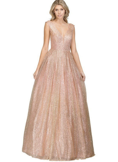 Chicas LM8024 Glam Prom Gold BallDress Floor-Length Shimmer Mesh Dress