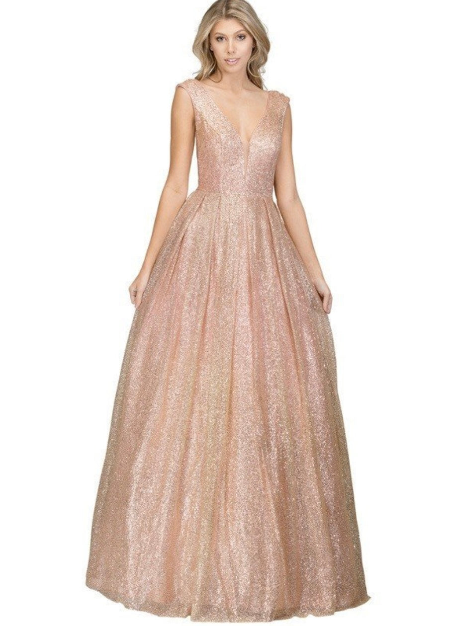 Chicas LM8024 Glam Prom Gold BallDress Floor-Length Shimmer Mesh Dress