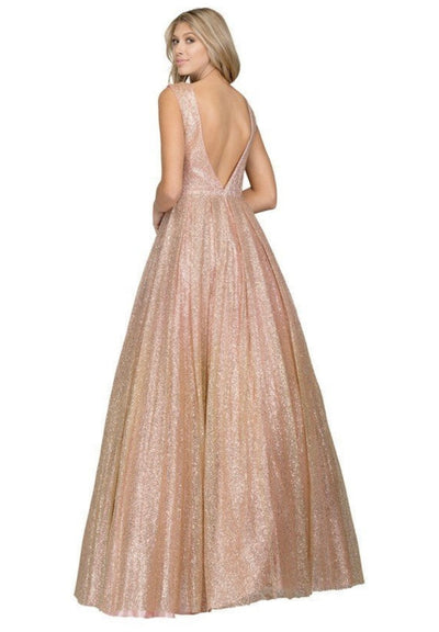 Chicas LM8024 Glam Prom Gold BallDress Floor-Length Shimmer Mesh Dress