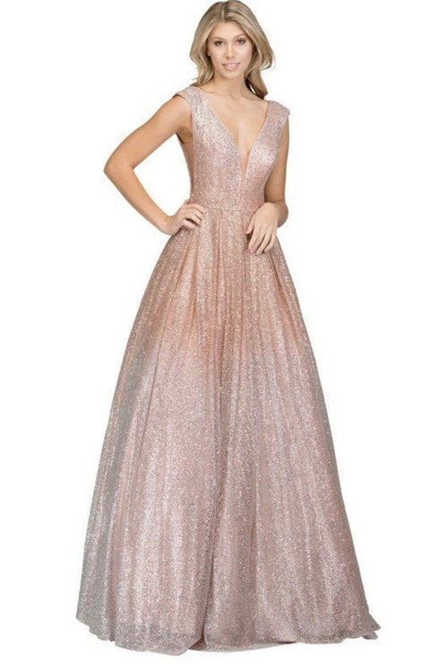 Chicas LM8024 Glam Prom Gold BallDress Floor-Length Shimmer Mesh Dress