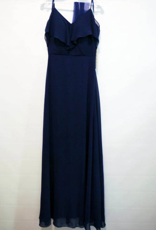 Chicas DM4004 Elegant Navy A-Line Spaghetti-Strap Long Ruffled Chiffon Dress