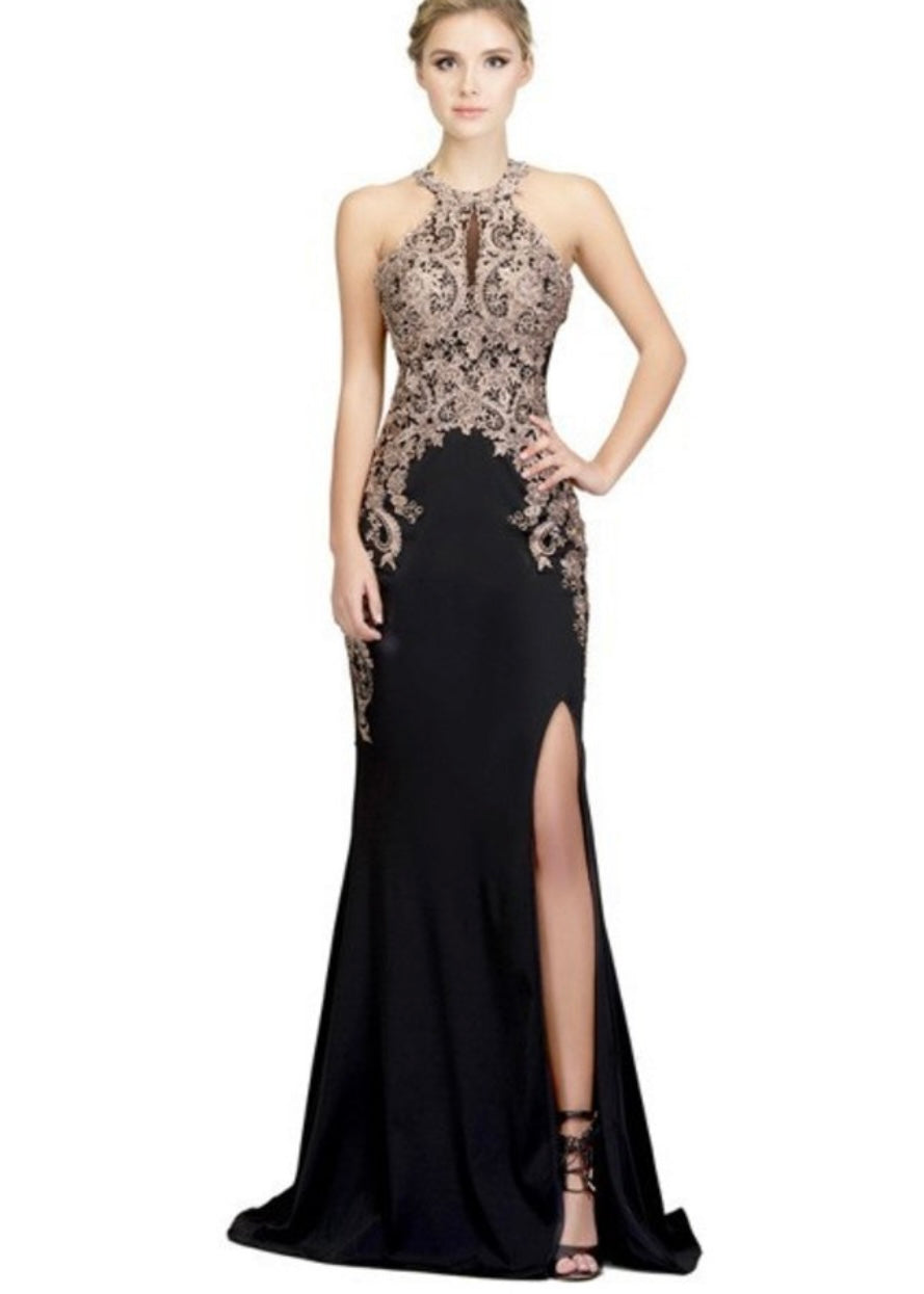 Chicas C1541 Prom Black Halter Floor-Length Open-Back Lace Dress