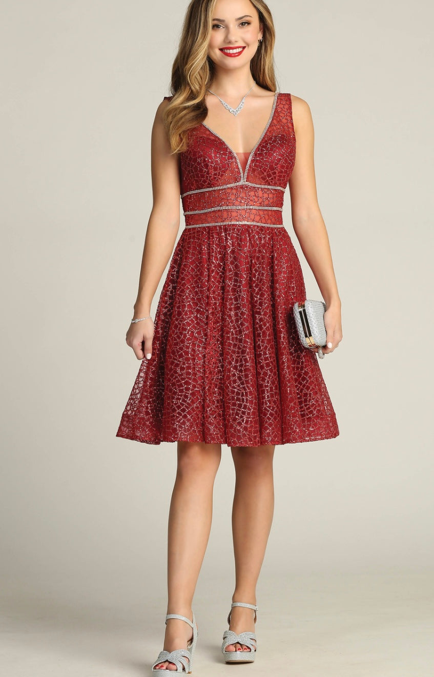 Chicas Y5801 Modern Glitter Formal Red A-Line Illusion Lace Dress