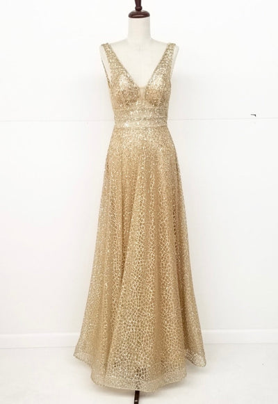 Chicas C7058 Modern Prom Gold A-Line Floor-Length Sequin Fabric Dress