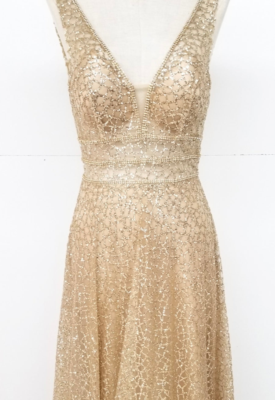 Chicas C7058 Modern Prom Gold A-Line Floor-Length Sequin Fabric Dress
