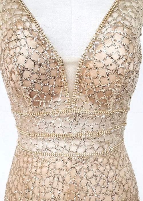 Chicas C7058 Modern Prom Gold A-Line Floor-Length Sequin Fabric Dress