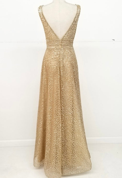 Chicas C7058 Modern Prom Gold A-Line Floor-Length Sequin Fabric Dress