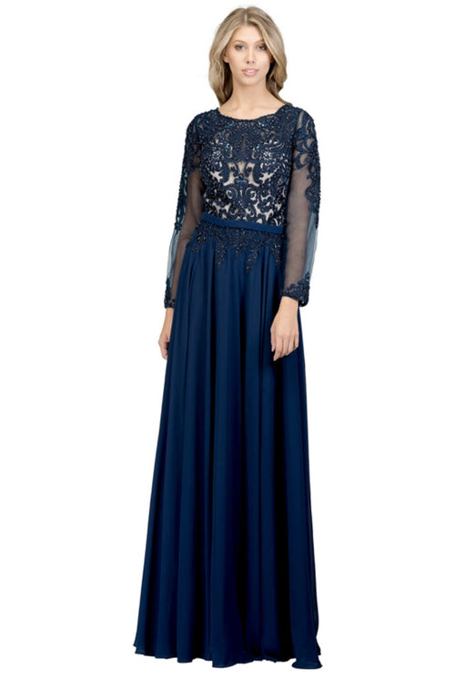 Chicas XR6003 Elegant Bridal Navy A-Line Illusion Long Chiffon Dress