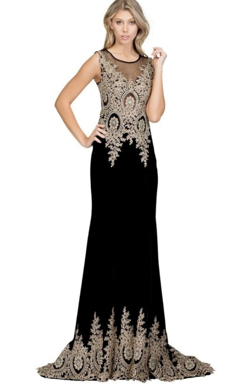 Chicas C1523 Elegant Evening Black Mermaid Illusion Floor-Length Velvet Dress